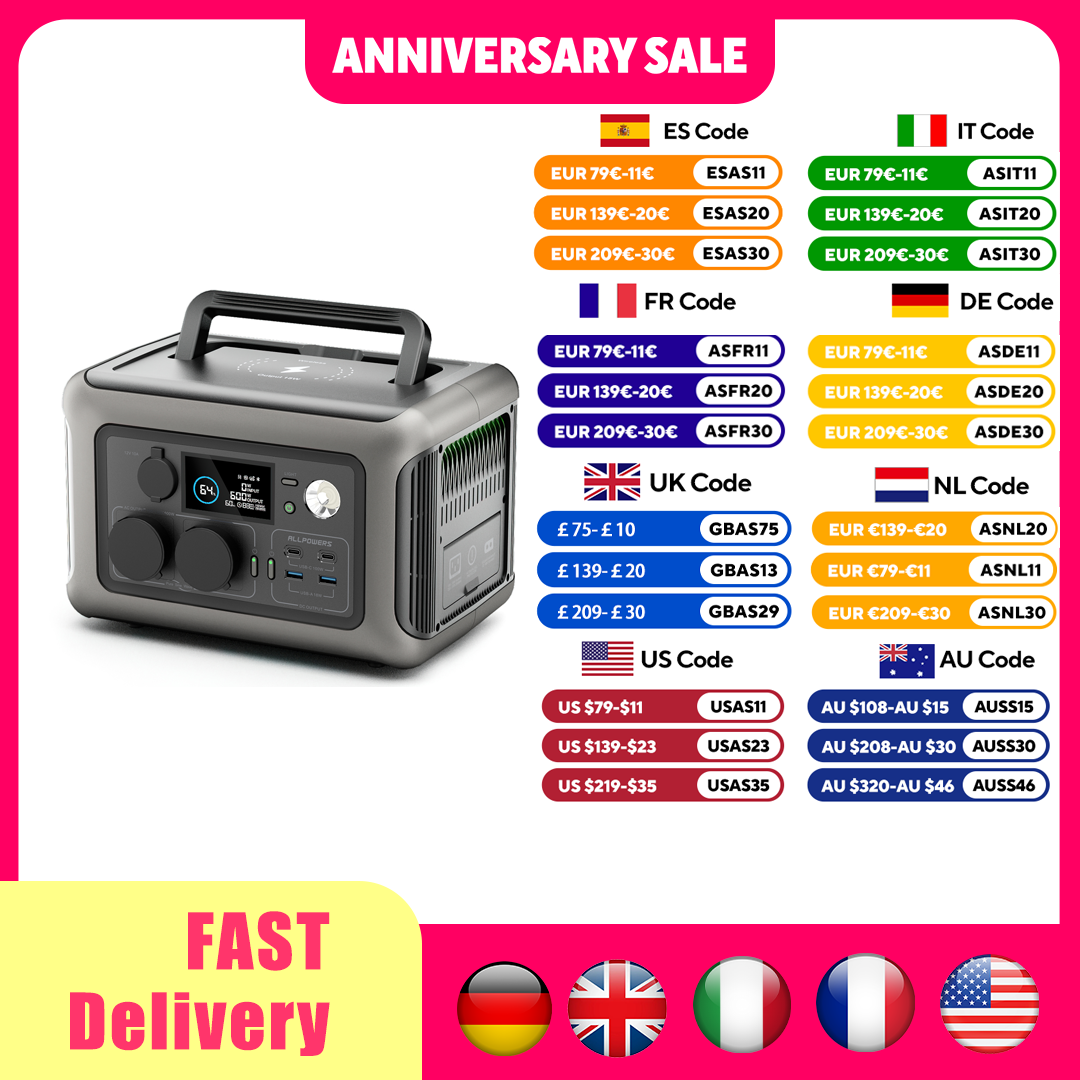 ALLPOWERS Estación de energía portátil R600, batería LiFeP04 de 299Wh con 2 salidas de CA de 600W