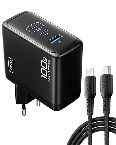 INIU 100W Cargador USB C, PD GAN 3-Puertos Tipo C Carga Rapida, Cargador Compacto y Portátil