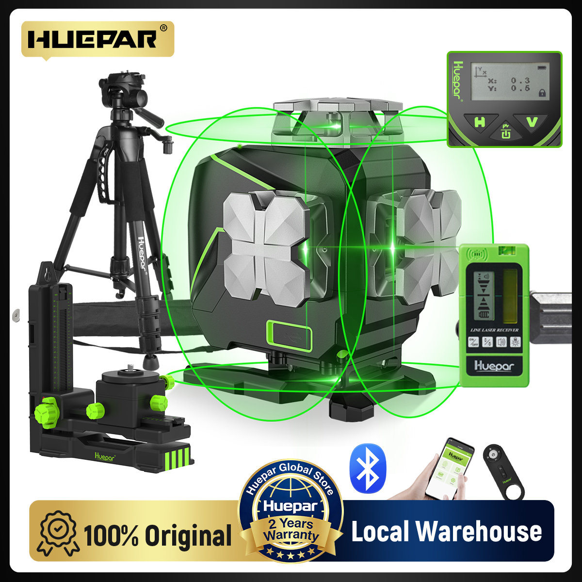 Nivel Láser Huepar S04-5RG de 16 Líneas, Haz Verde, Autonivelante, con Control Remoto y Soporte