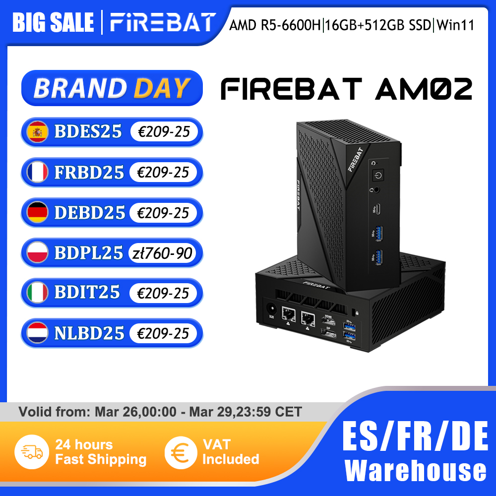 Mini PC Firebat AM02, AMD Ryzen 5 6600H, DDR5, 16GB de RAM, 512GB SSD, WIFI6, BT5.2, puerto HDMI