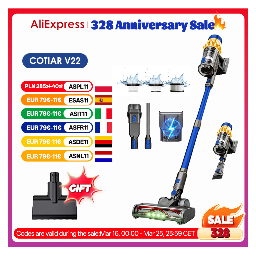 Aspiradora inalámbrica COTIAR V22 650W, aspiradora sin escobillas con potencia de succión de 55kPa