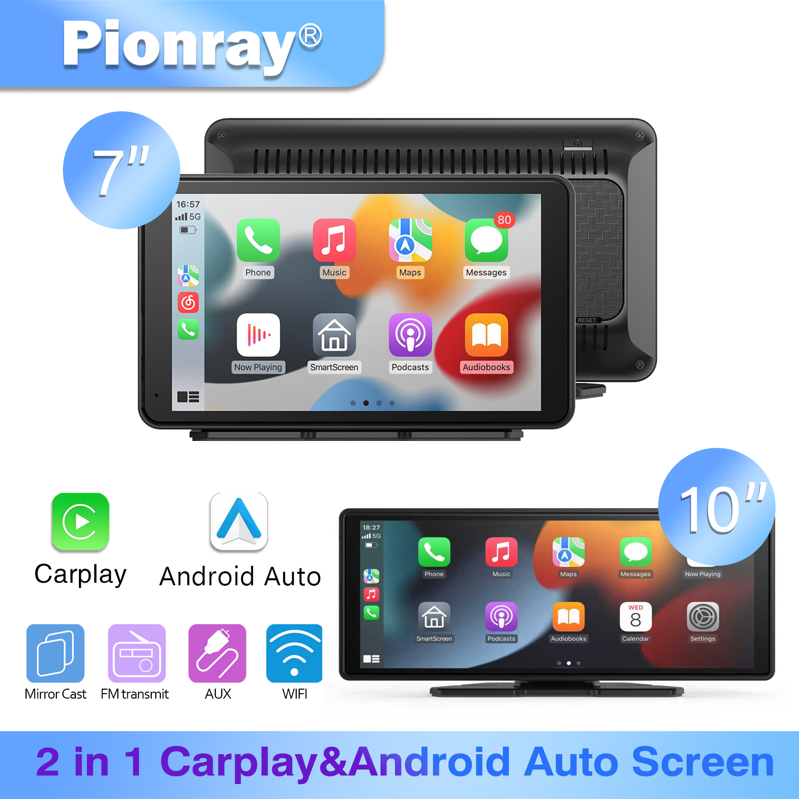 Pionray pantalla de coche con cámara trasera + Android Auto / CarPlay inalámbrico Universal