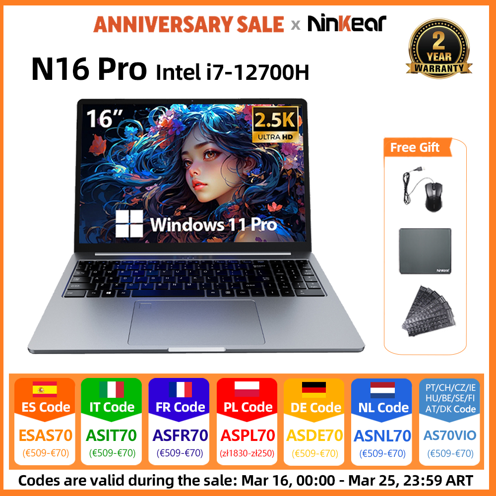 Portátil Ninkear N16 Pro de 16 pulgadas 2.5K 120Hz Intel Core i7-12700H WiFi 6 16GB RAM 1TB SSD