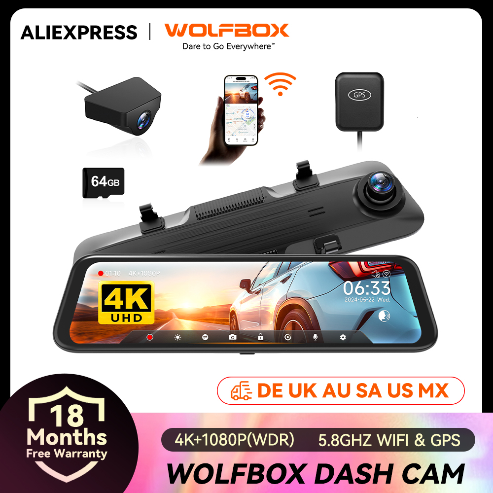 WOLFBOX-Cámara de salpicadero 4K para coche, videocámara frontal y trasera, WDR 1080P, FOV170