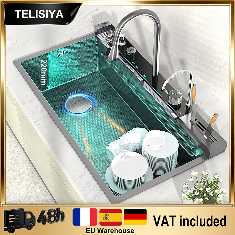 Fregadero de Cocina Multifuncional con Soporte para Cuchillos, Pantalla Digital