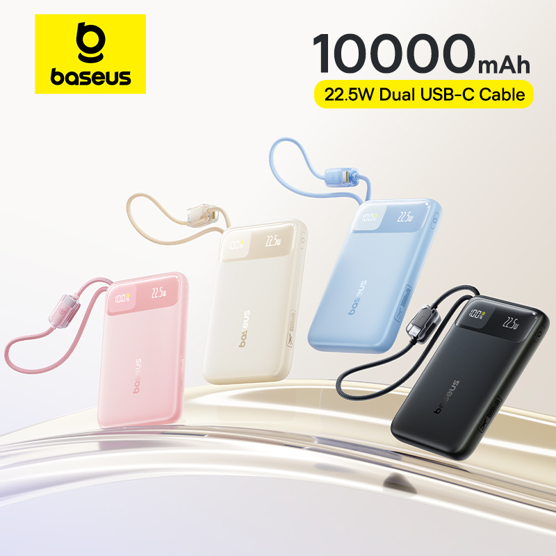 Batería Baseus de 10000mAh con 22,5 W, Cable de USB-C dual incorporado, carga rápida, más delgada