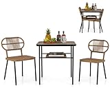 COSTWAY Conjunto Jardin Exterior de 3 Piezas, 2 Sillas de Ratán Apilables y Mesa de Comedor