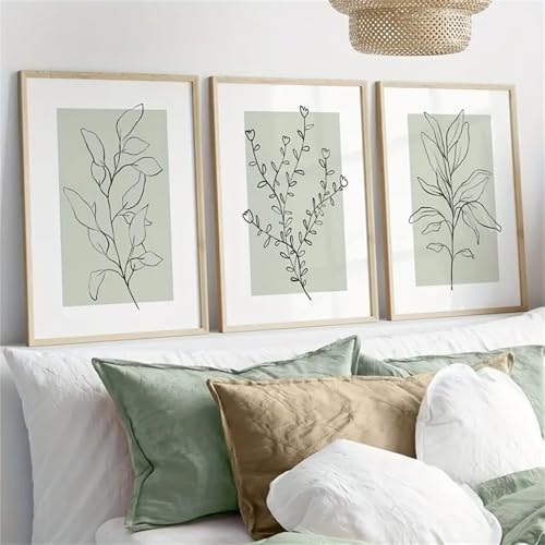 Juego de 3 pósteres de, modernos, salvia, plantas verdes, arte abstracto bohémio