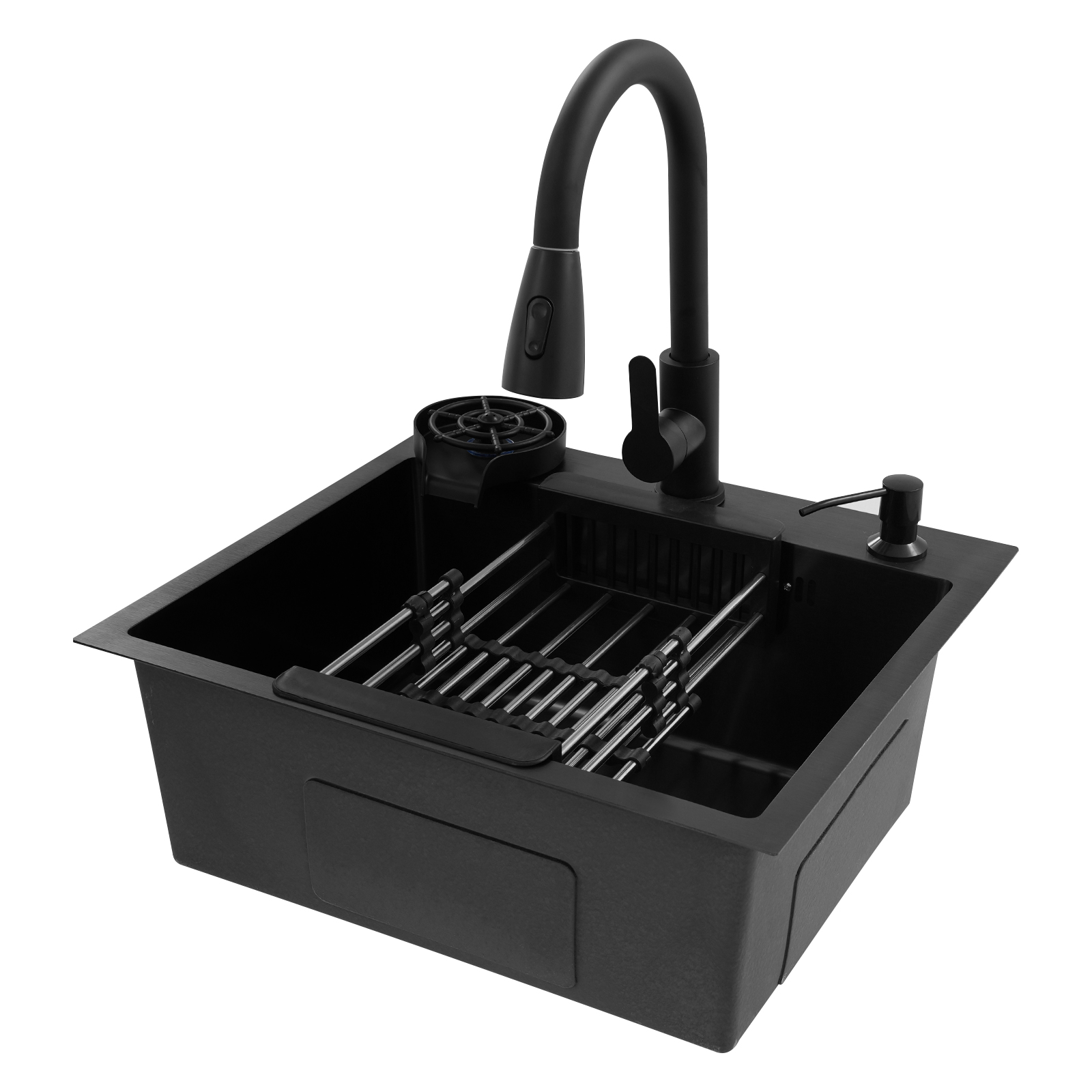 Fregadero de cocina multifuncional con grifo retráctil, dispensador de jabón y cesta de goteo