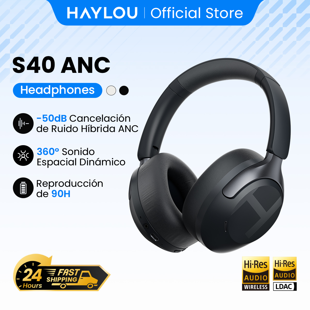 Auriculares HAYLOU S40 con Cancelación de Ruido de 50dB, Audio Espacial 3D, Bluetooth 6.0, Over-Ear
