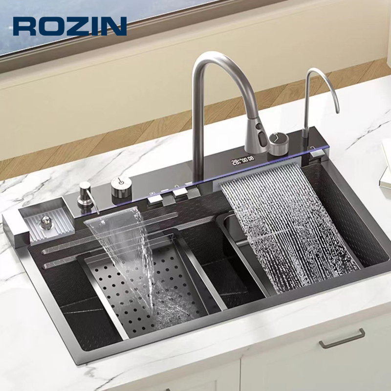Fregadero de cocina de acero inoxidable 304 con grifo de cascada con pantalla digital