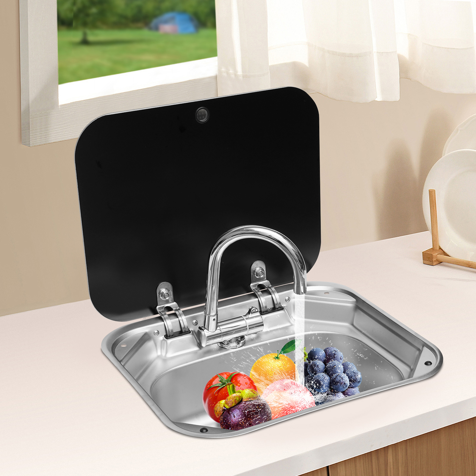 Fregadero de Vidrio Templado para RV, Diseño Compacto con Grifo Plegable de Acero Inoxidable