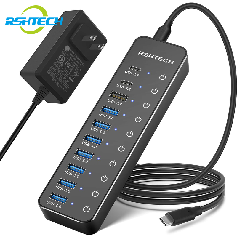 RSHTECH-concentrador de puertos USB tipo C, 10 puertos, 60W