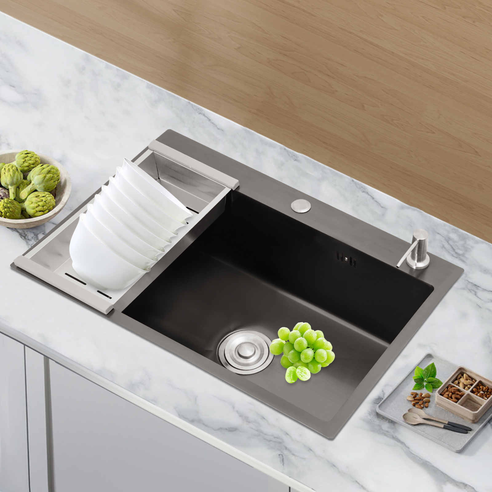Fregadero de 68 × 45 cm con escurridor en forma de V, escurridor y dispensador de jabón