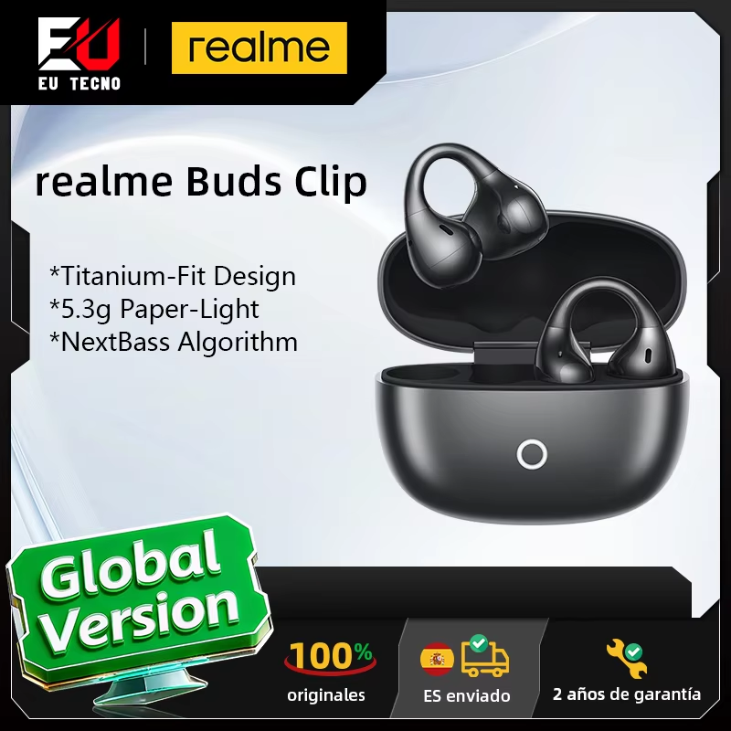 Auriculares realme Buds Clip Diseño Titanium-Fit 5,3 g Ligeros Algoritmo NextBass Traductor Al