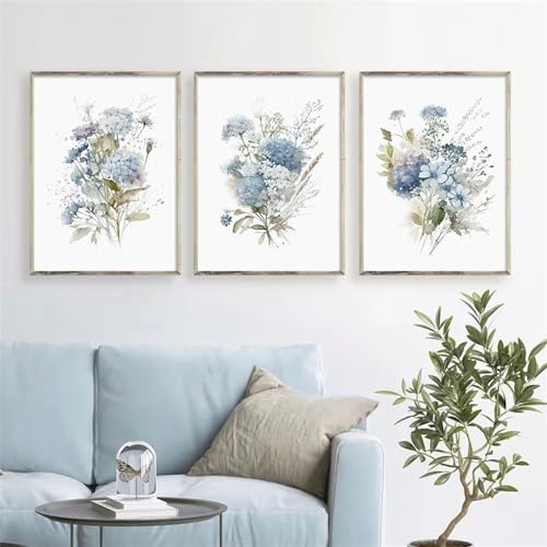 Cartel de Arte,3 Piezas-Póster Abstracto de Acuarela Con Flores Azules