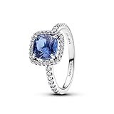 PANDORA Anillo Mujer Plata Brillante Cuadrado Azul aureola