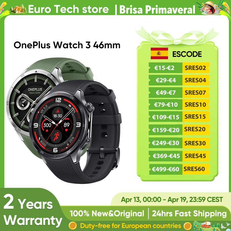 OnePlus Watch 3 Wear OS Pantalla LTPO A0MOLED de 1,5", 5 días de batería, 60S, Control de salud, GPS