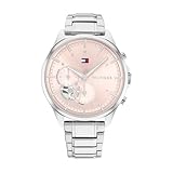 Tommy Hilfiger Reloj Analógico de Cuarzo Multifunción para Mujer Correa de Acero Inoxidable Plateada
