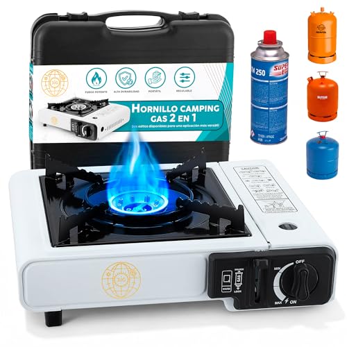 Campin Gas, 2 en 1, Hornillo Camping Gas Portátil, Adaptador para Bombona Grande