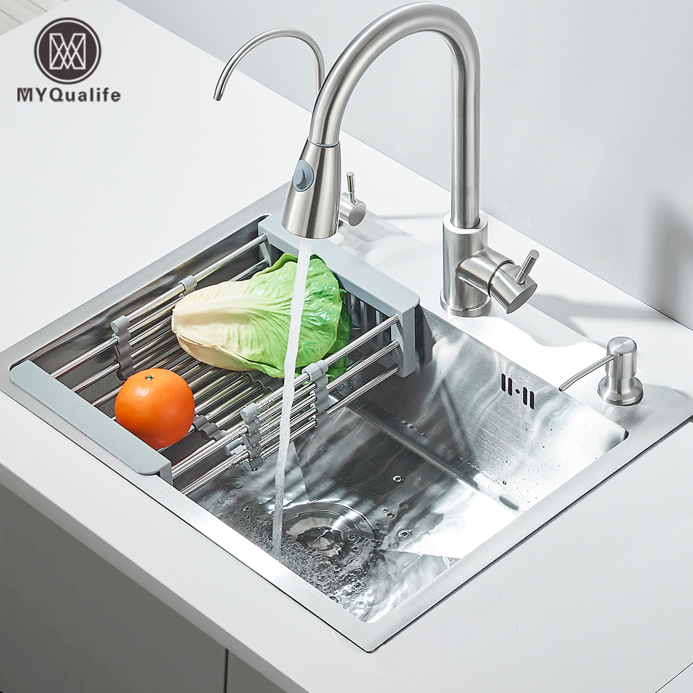 Fregadero de cocina de acero inoxidable con grifo, grifo de agua potable/distribuidor de jabón
