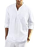 Enlision Hombre Verano Camisa de Lino Ajustada de Color Liso con Cuello en V