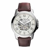 Fossil Reloj para hombre Grant, movimiento automático, caja acero plateado 45mm con correa de piel