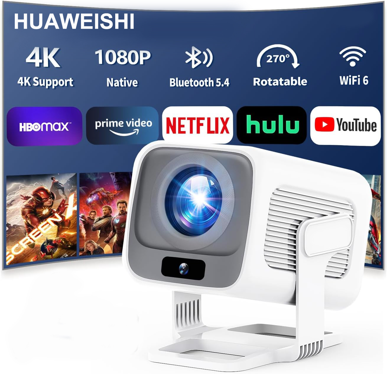 HUAWEISHI 4K Proyector Android Nativo Portátil 1080P Enfoque Automático 600ANSI Video cine en casa
