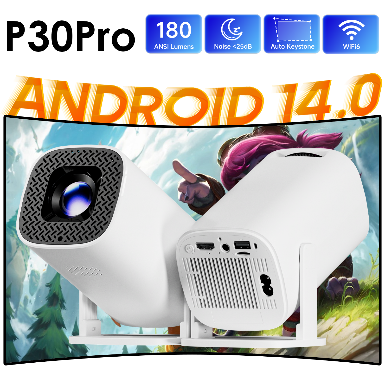 HONGTOP P30PRO Mini proyector inteligente Android 14 WiFi6 BT 5,0 compatible con 4K 1280*720P