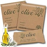 Pack Amenities OLIVE | Kit de Gel + Champú + Pastilla de Jabón | 100 Ud x 3 Productos | Aceite Oliva