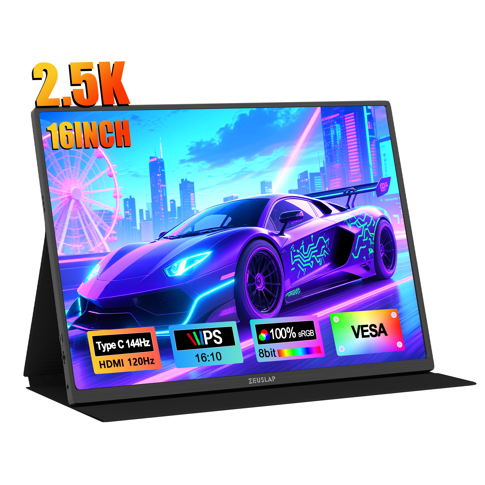 ZEUSLAP 16 "2.5K 144hz Monitor portátil 2560*1600 16:10 100% sRGB 500Cd/m2 pantalla de juegos