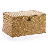 IGNPION - Cajas de mimbre trenzado con tapa, cajas portaobjetos de madera natural grande