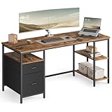 VASAGLE Escritorio, Mesa de Ordenador, Mesa de Oficina, con 3 Estantes, 2 Cajones, 60 x 160 x 76 cm