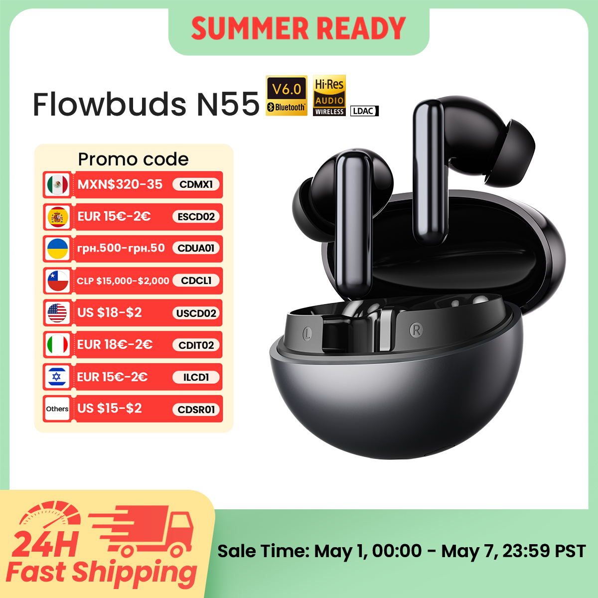 HAYLOU Flowbuds N55 con Cancelación de Ruido Adaptativa de 54dB, LDAC, 6 Micrófonos, 40 Horas, IPX5