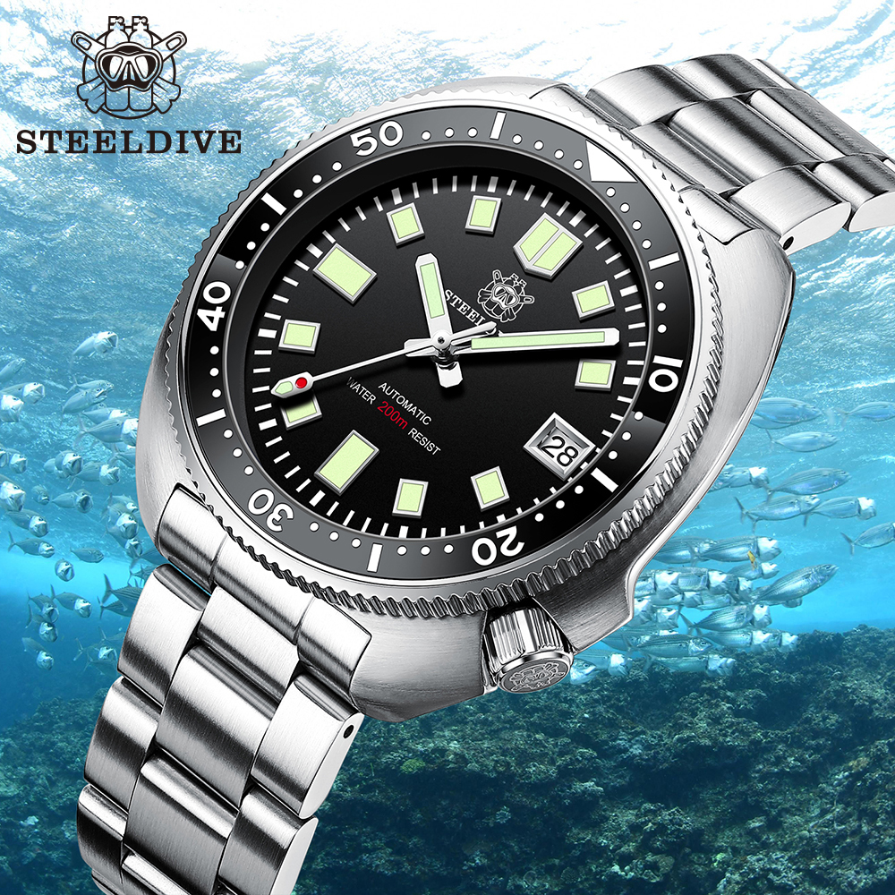 Steeldive SD1970 Fondo de fecha blanca 200M Resistente al agua NH35 6105 Reloj de buceo automático