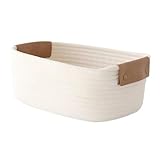Cesta de Almacenaje Algodón Trenzado Beige Pequeña, Cesto 28x17x11cm con Asas de Cuero Extraíbles