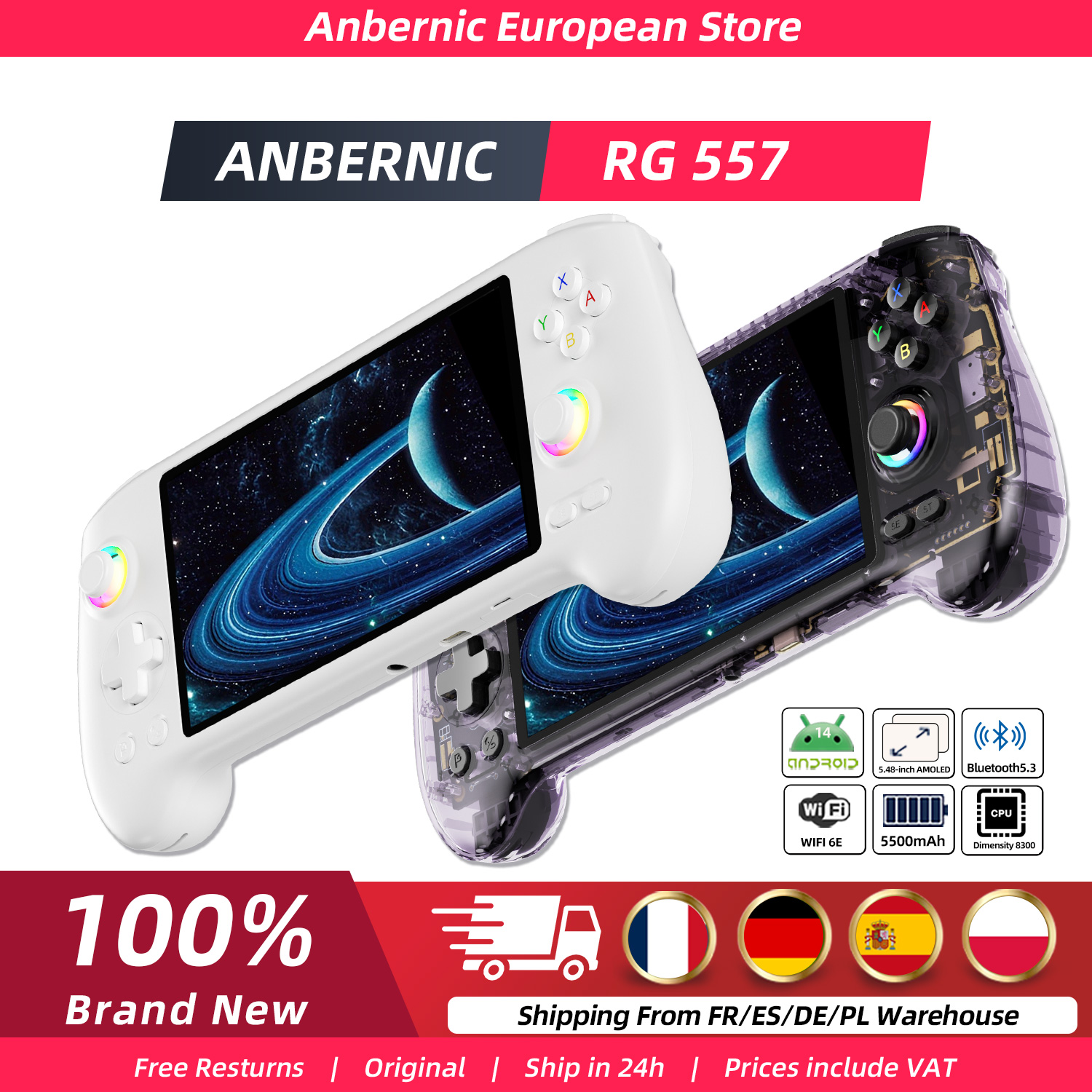 ANBERNIC-consola de videojuegos portátil RG557, Android 14, pantalla AMOLED de 5,48 pulgadas