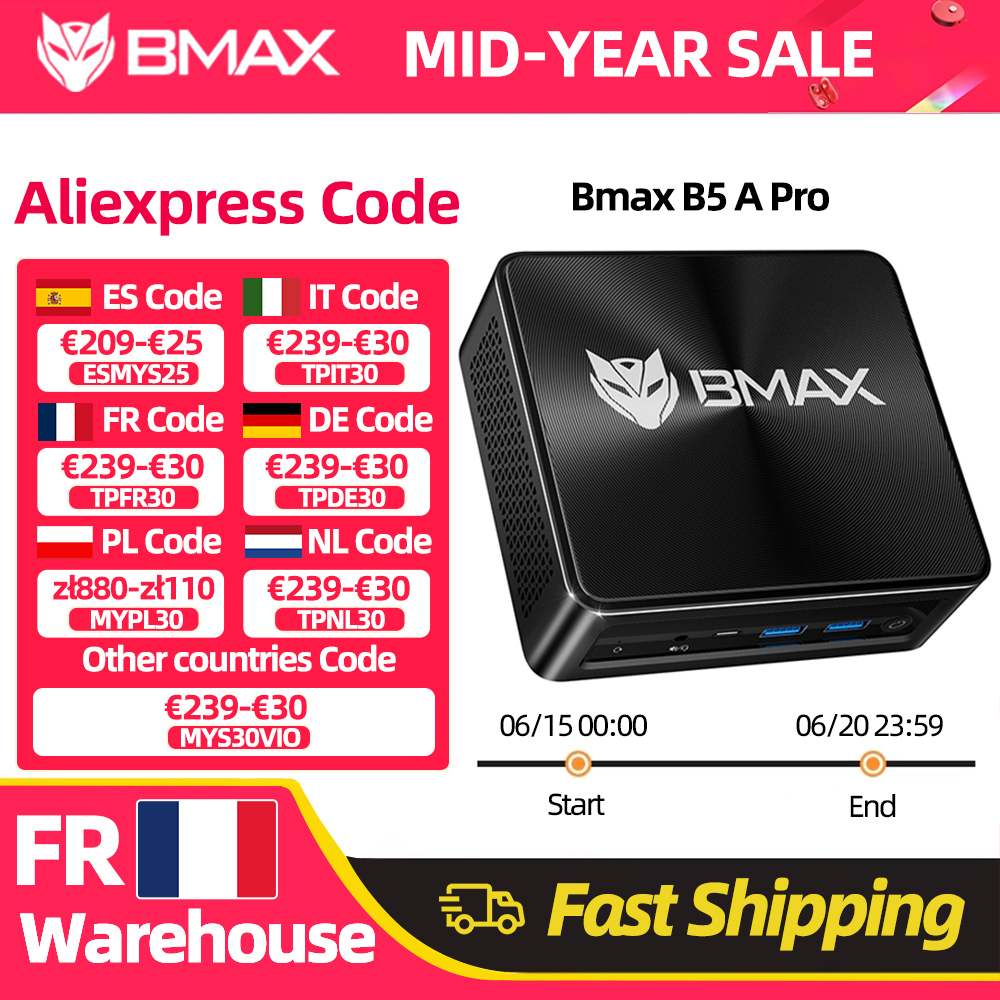 Mini PC BMAX B5 A Pro con AMD Ryzen7 5700U/5825U, gráficos AMD Radeon, 16GB DDR4, SSD NVMe de 512GB