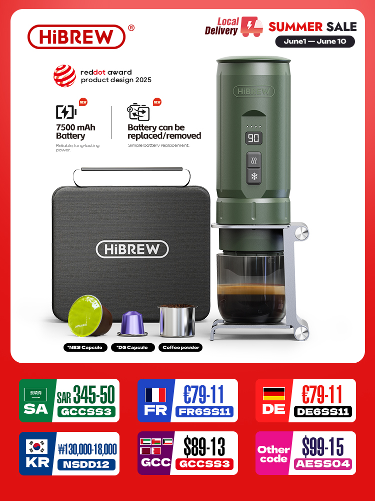 Cafetera Espresso Portátil HiBREW H4C 3 en 1, Cafetera de Viaje con Batería de Litio de 7500 mAh