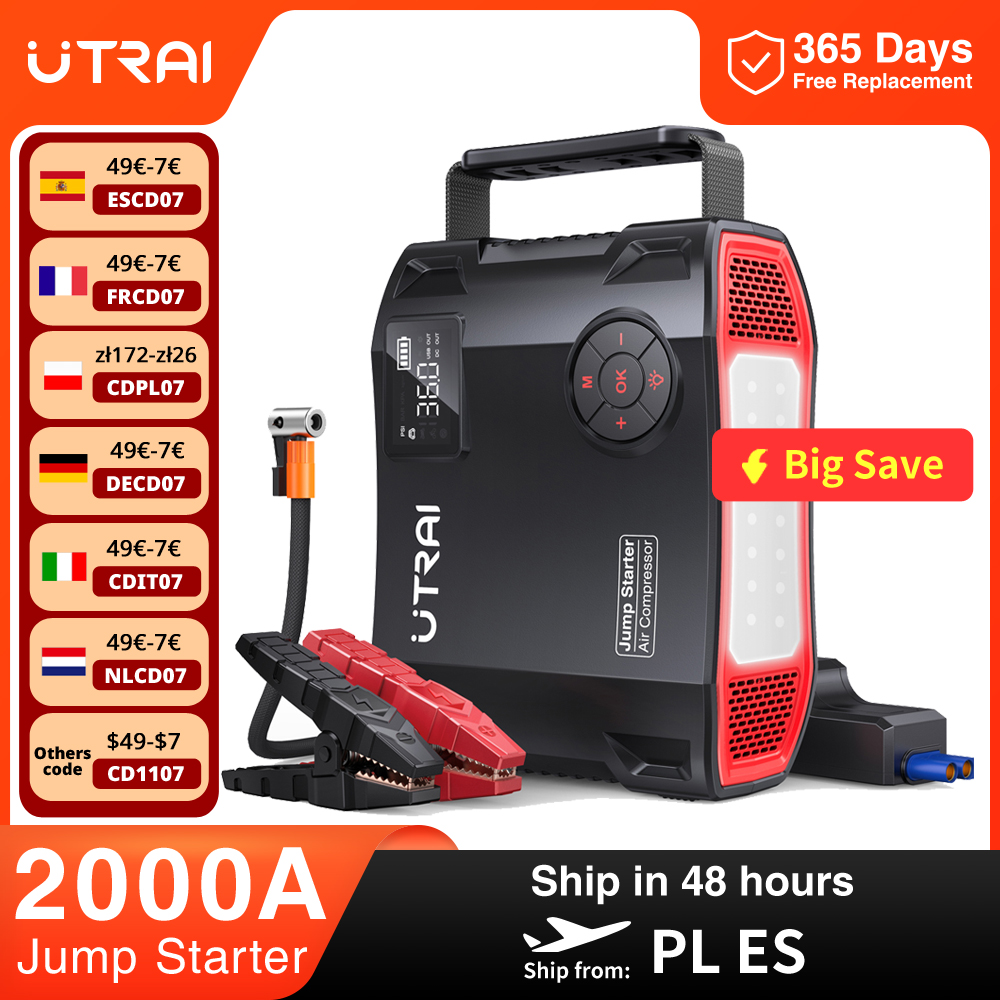 UTRAI 4 en 1 2000A arrancador de batería banco de energía 16000mAh 150PSI compresor de aire