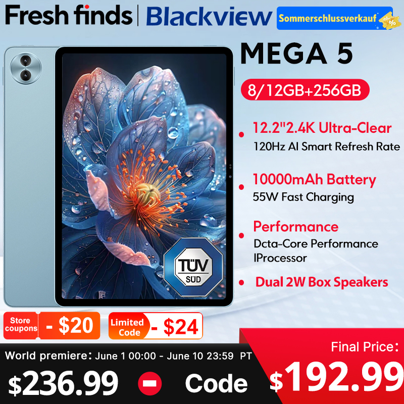 Blackview MEGA 5 AI de 12.2", Pantalla 2.4K a 120Hz, 12GB RAM, 256GB , Batería 10000mAh, Android 16