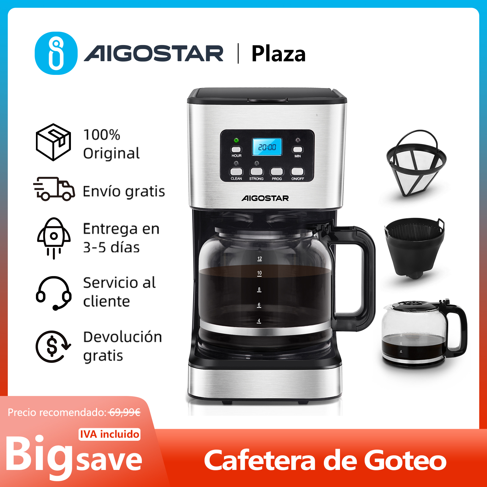 Cafetera de Goteo Eléctrica, Pantalla LCD, Programable 24 H, Auto Limpieza, Capacidad 12 Tazas, 950W