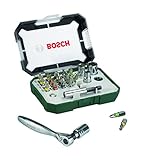 Bosch Professional 2607017322 Puntas de Destornillador + Trinquete (Juego de 26), Color Negro
