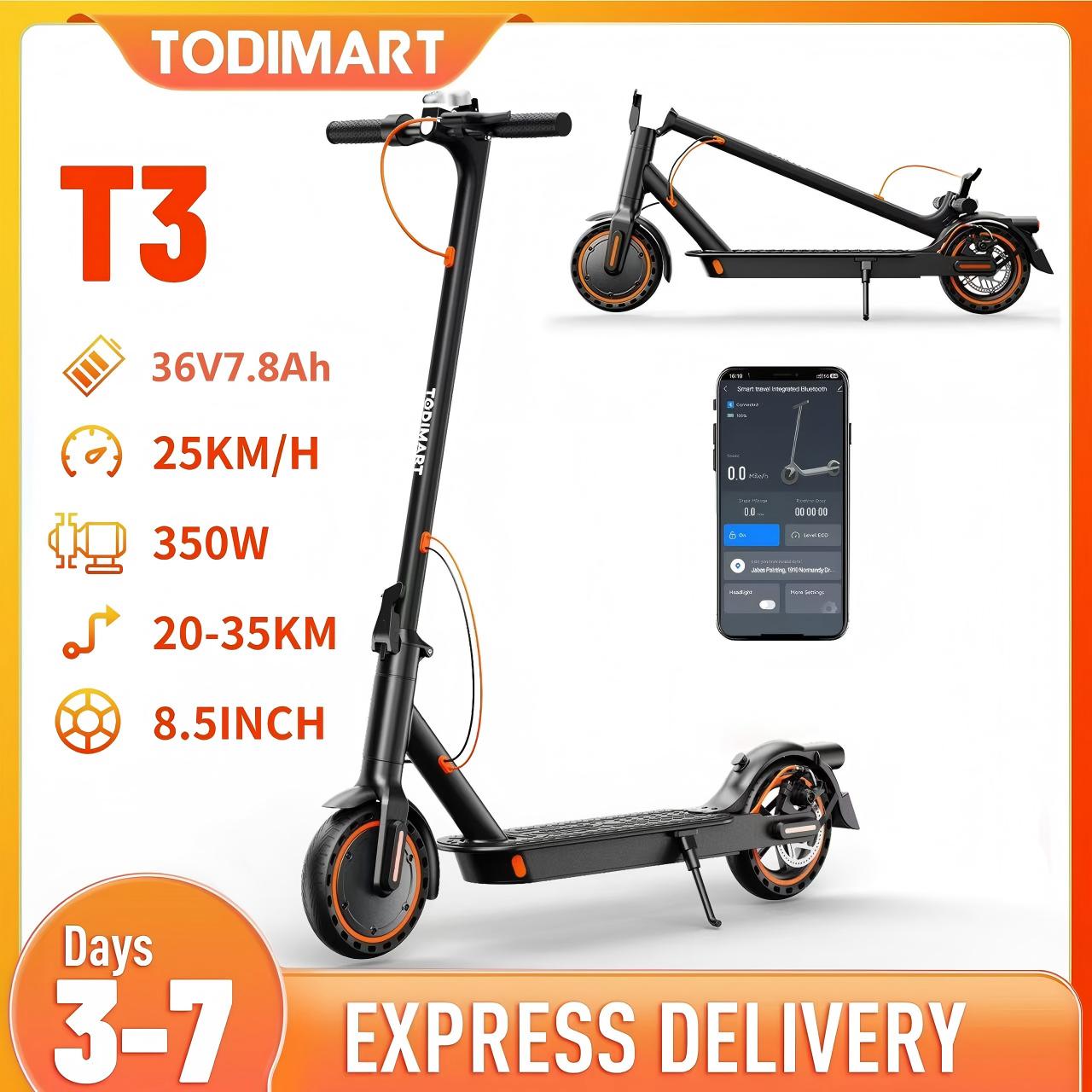 Patinete TODIMART T3, motor 350W, 36V 7.8AH, autonomía 20-30KM, velocidad 25km/h, APP, 8.5"