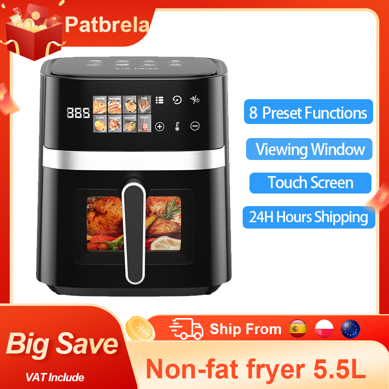 Freidora de aire Patbrela de 5,5L, 8 en 1 con pantalla LED digital Ventana visible Máx 200 ° C 1350W