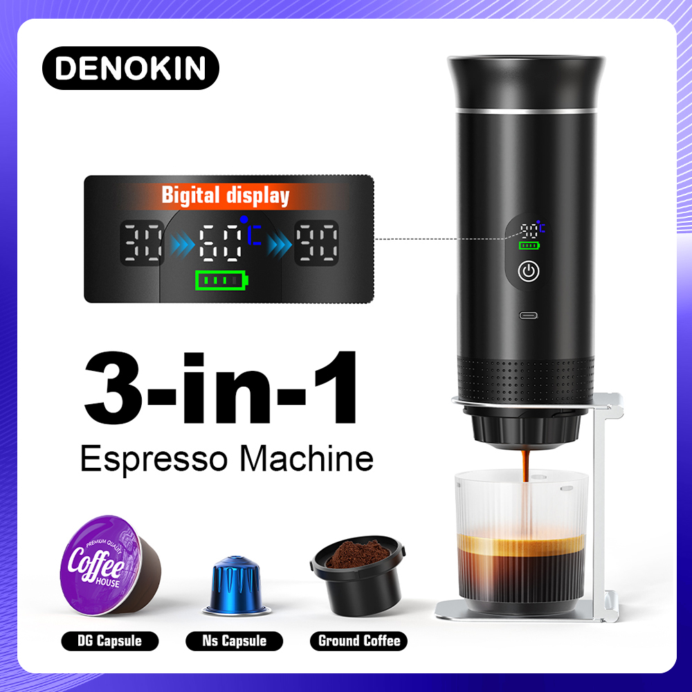 Cafetera eléctrica portátil DENOKIN con depósito de agua de 80 ml, pantalla digital