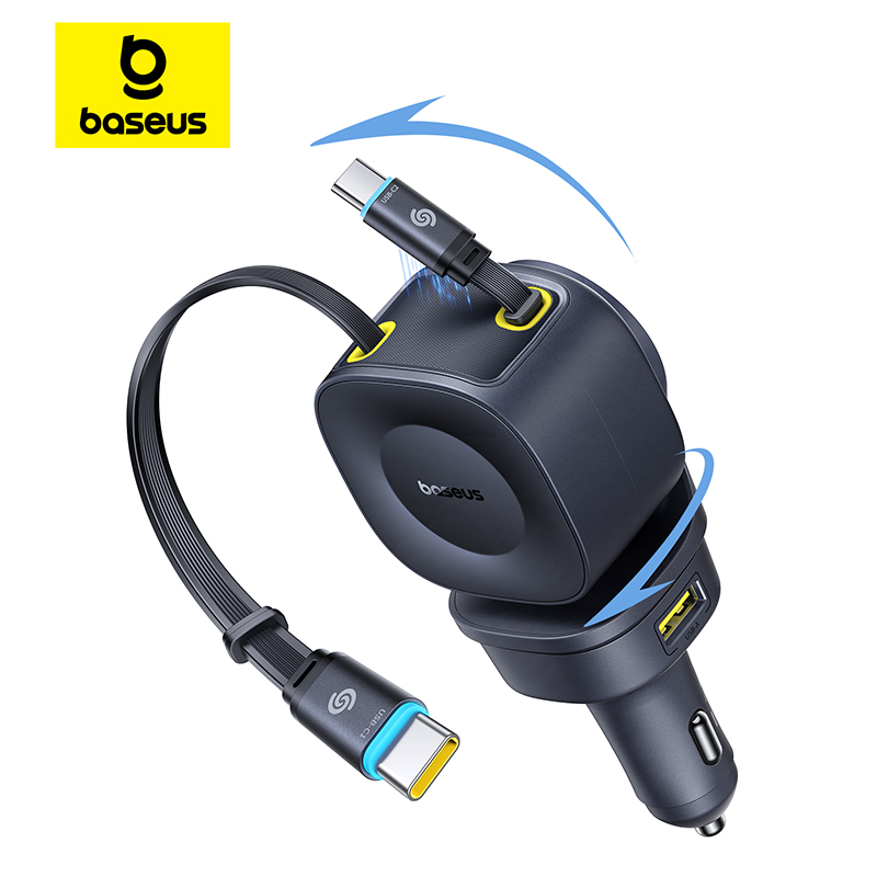 Cargador de coche Baseus 60W 100W 30W 240W 4 puertos Cable retráctil doble incorporado