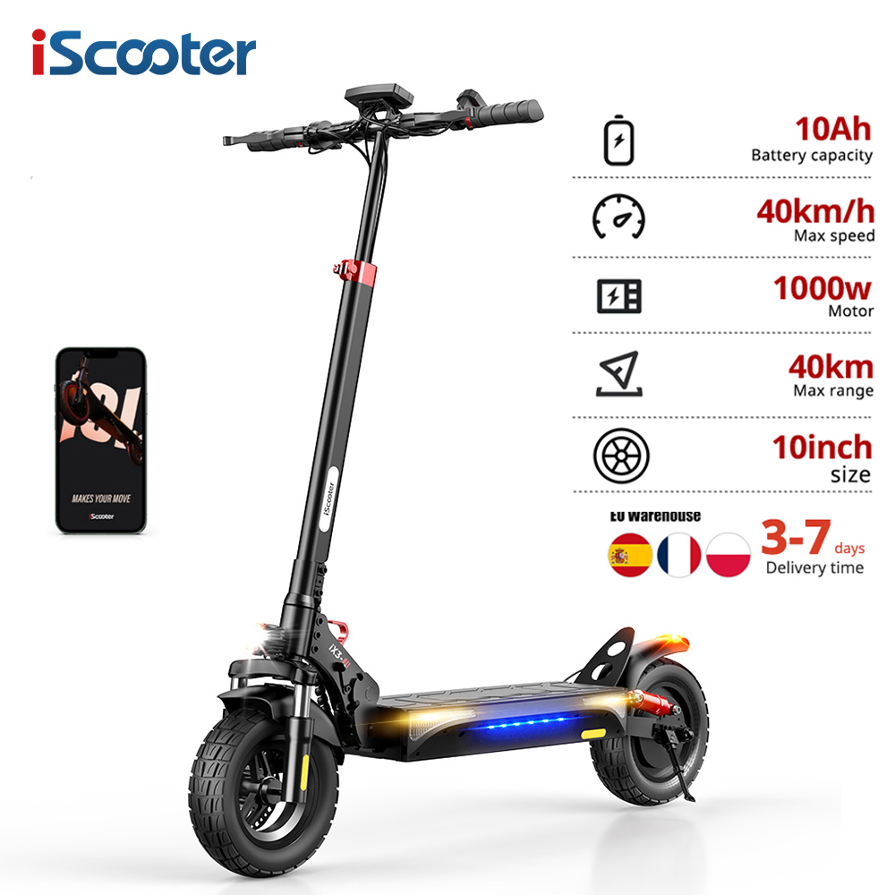 Patinete iScooter de 1000W, 48V10Ah, Alcance 40km, Neumáticos de 10", Plegable, con APP