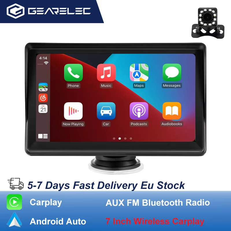 Gearelec Wireless CarPlay inalámbrica con Android, 7", transmisor FM, BT, WiFi, AUX, USB