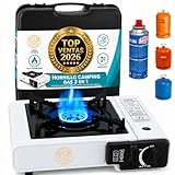 Campin Gas, 2 en 1, Hornillo Camping Gas Portátil, Adaptador para Bombona Grande o para Cartuchos